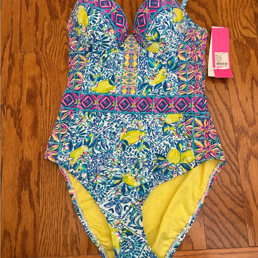 Lilly Pulitzer Yellow and Blue One Piece Swimsuit with Sweetheart Neckline